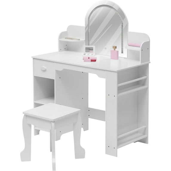 IDEALHOUSE Dressers 1 Drawer Vanity Table with Mirror, Stool, Bookshelf, Cabinets & Storage, White with Accessories, for Bedroom and Makeup Area