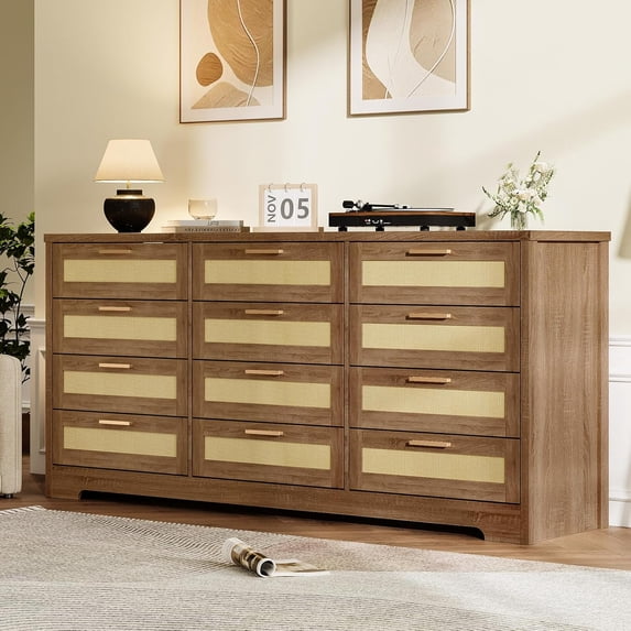 IDEALHOUSE Dressers 12 Drawer Rattan Dresser, 71 Inch Wide Modern Wooden Chest, Space-Saving Bedroom, Living Room or Closet Organizer, Natural Farmhouse Style