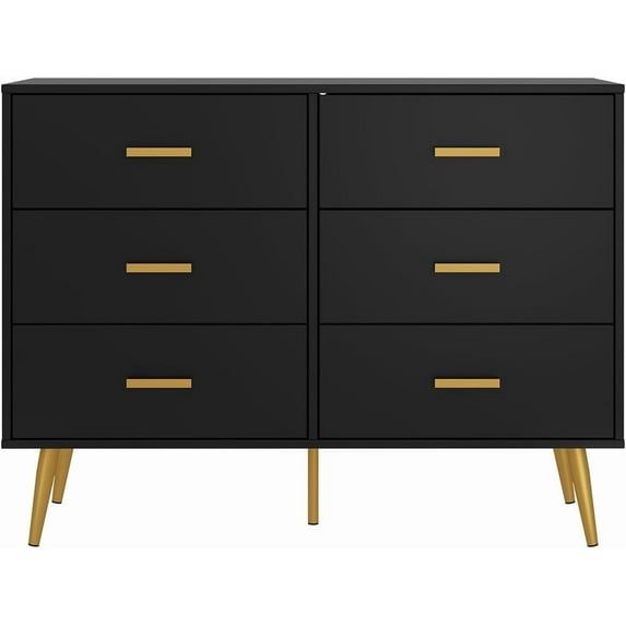 IDEALHOUSE Dressers 6 Drawer Black Modern Dresser with Gold Handles & Metal Legs, Wide Chest of Drawers Storage Organizer for Bedroom, Living Room, Hallway
