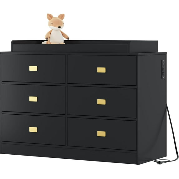 IDEALHOUSE Dressers 6 Drawer Nursery Dresser Changing Table, Anti-Tip Safety Kit, Deep and Slim Drawers, Waterproof Top for Bedroom, Black