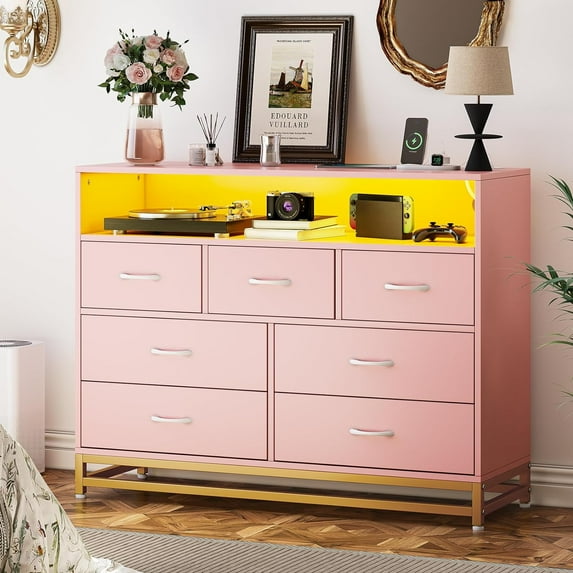 IDEALHOUSE Dressers 7 Drawer Pink Long Dresser with Charging Station, Modern Wide Chest of Drawers Storage Organizer for Bedroom, Living Room, Hallway
