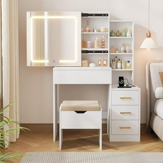 IDEALHOUSE Dressers Vanity Desk with Sliding Mirror, 4 Drawers, 7 Shelves, Charging Station, Lights, White Modern Makeup Table with Stool for Bedroom, 3 Lighting Modes