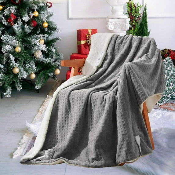 IDEALHOUSE Electric Blanket, 5 Heat Levels, Auto-Off, Machine Washable, Gray, 50x60 in, Waffle Flannel Sherpa