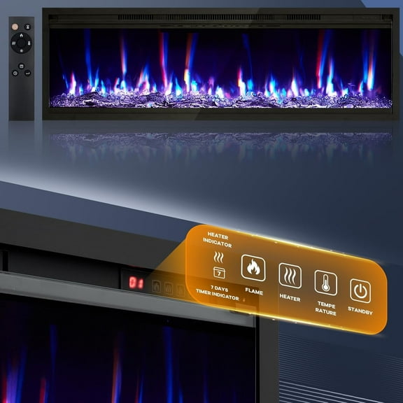 IDEALHOUSE Electric Fireplace, 42 in Wall Mounted or Recessed, 750W/1500W, 12 Flame Colors, Timer, Remote and Touch Control, Ultra-Thin Tempered Glass, Log & Crystal Decor for Home
