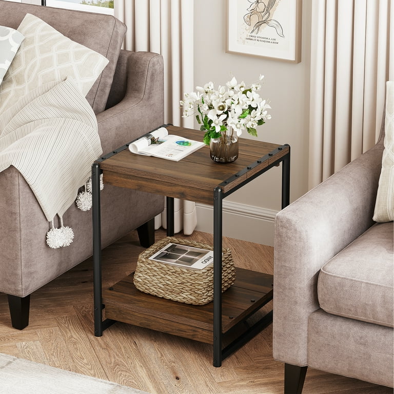 IDEALHOUSE Farmhouse End Table 19.6 Inch Industrial Side Table with 2 Tier Storage Shelves Square End Table with Sturdy Frame Wood Nightstand for