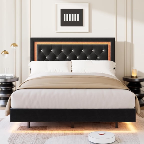 IDEALHOUSE Floating Queen Size Bed Frame with Led Lights, Upholstered Queen Platform Bed with Diamond Headboard, Wooden Slats Support, No Box Spring Needed, Noise-Free, Easy Assembly - Black