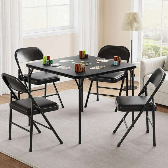 IDEALHOUSE Folding Portable Card Table and Foldable Chair Set of 5,PU Upholstered Foldable Chairs and Table with Metal Frame,Suitable for Dining Room, Living Room, Office, Camping