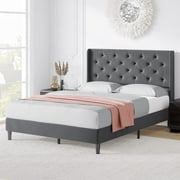 IDEALHOUSE Full Bed Frame with Button Tufted Headboard, Fabric Upholstered Platform Full Size Bed Frame with Headboard (Dark Grey)