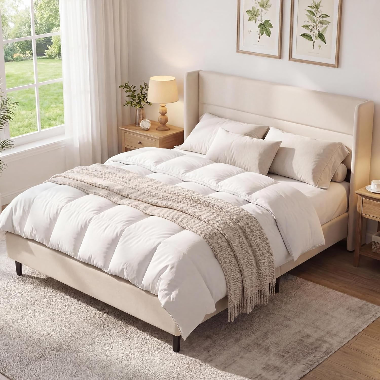 IDEALHOUSE Full Size Bed Frame with Wingback Headboard, Velvet Upholstered Platform Bedframe with Wood Slats, No Box Spring Needed, Easy Assembly, Beige