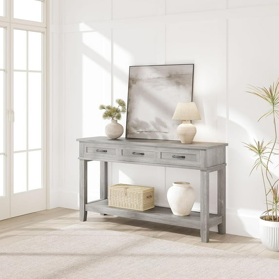 IDEALHOUSE Gray Console Table, 3 Drawers, Entryway Table, Living Room Storage Table, Open Bottom Shelves, Hidden Screws, Modern Sofa Table, Stable MDF Frame, Easy Assembly, Waterproof
