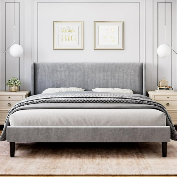 IDEALHOUSE Grey King Bed Frames, Velvet Upholstered, Storage Pocket, Wood Slats, No Box Spring, Noise-Free, Modern Platform, Quick Assembly