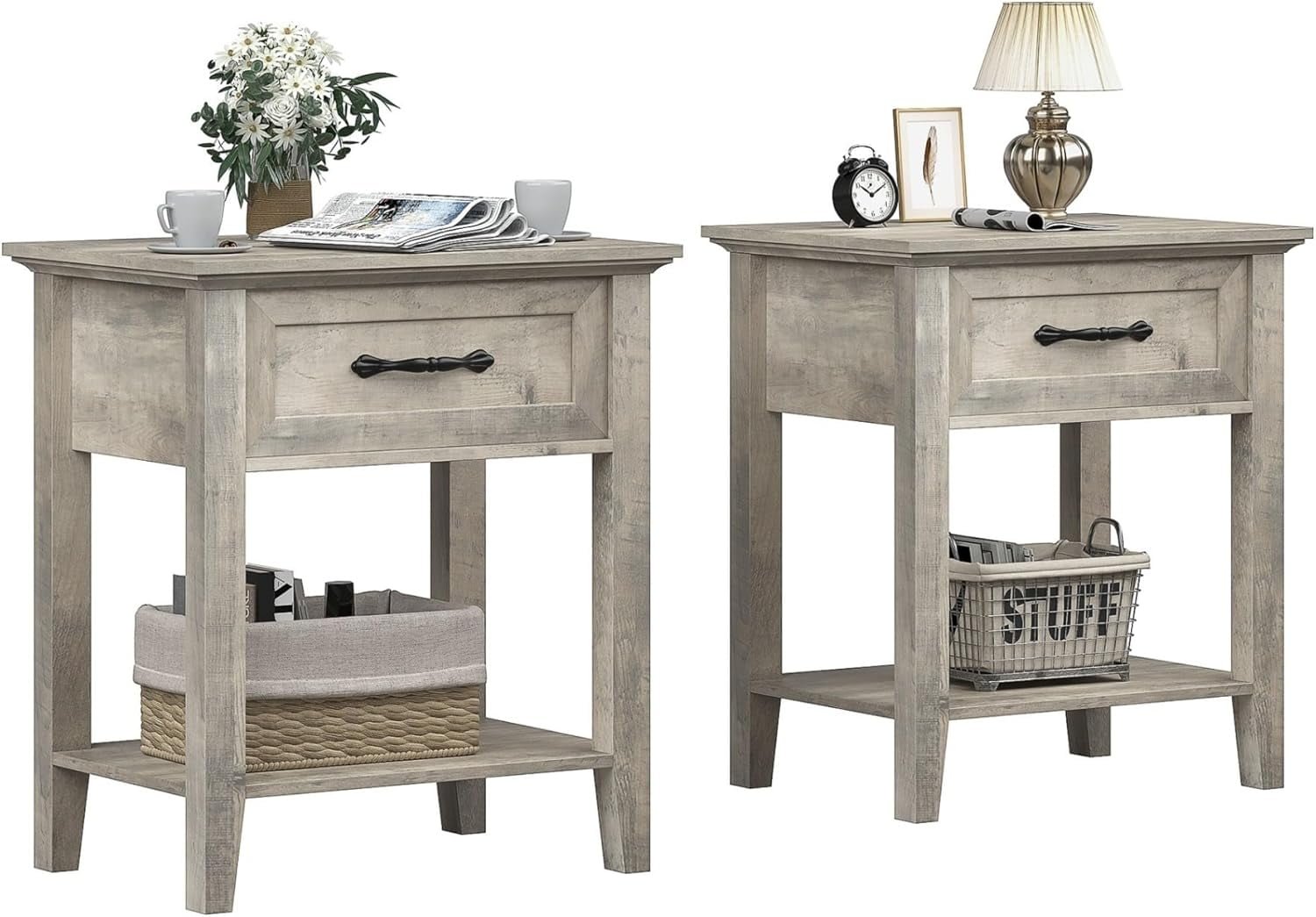 IDEALHOUSE Nightstand Set Of 2 - White Bedside Table With Drawer & Shelf, Modern End Table For Bedroom