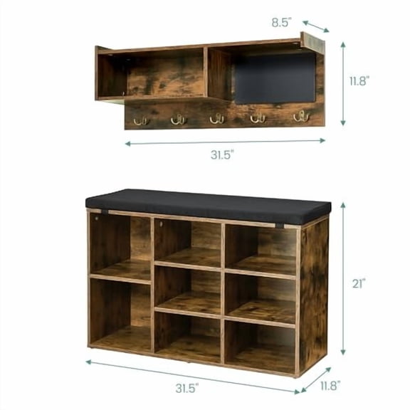 IDEALHOUSE Hall Tree Shoe Bench Industrial 6 in 1 Coat/Shoe Rack with 5 Hooks, 9 Storage Cubbies with Bookshelf and Small Blackboard, for Entryway, Hallway, Living Room (Brown, 31.