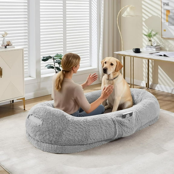 IDEALHOUSE Human Dog Bed for Adults & Pets, 67.7"x43.3" Extra Large Bean Bag Bed with Pillow, Removable Washable Faux Fur Cover, Memory Foam, Handle & Side Pocket, White Gray