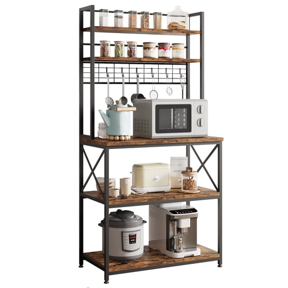 IDEALHOUSE Kitchen Bakers Rack, Microwave Oven Stand with Large Storage, Industrial Coffee Bar Station, 5-Tier Kitchen Utility Storage Shelf with 6 Hooks for Spice, Pots Organizer, Rustic Brown