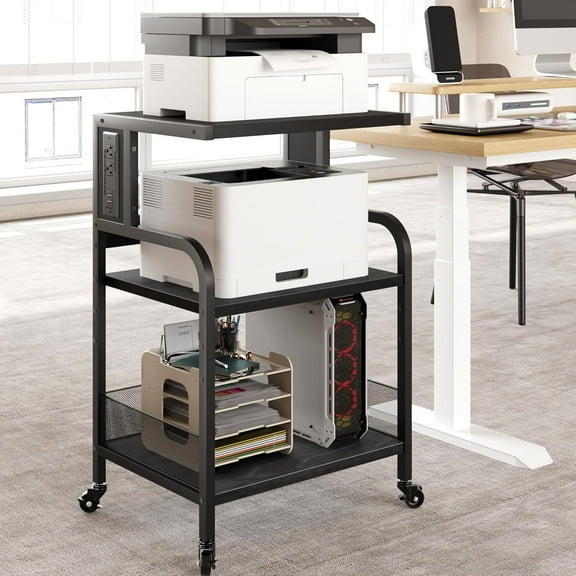 IDEALHOUSE Large Printer Stand with Power Outlets and USB Charging Ports, Mobile Printer Table with Adjustable Shelf, 3 Tier Rolling printer cart with Wheels for Home Office, Rustic Black