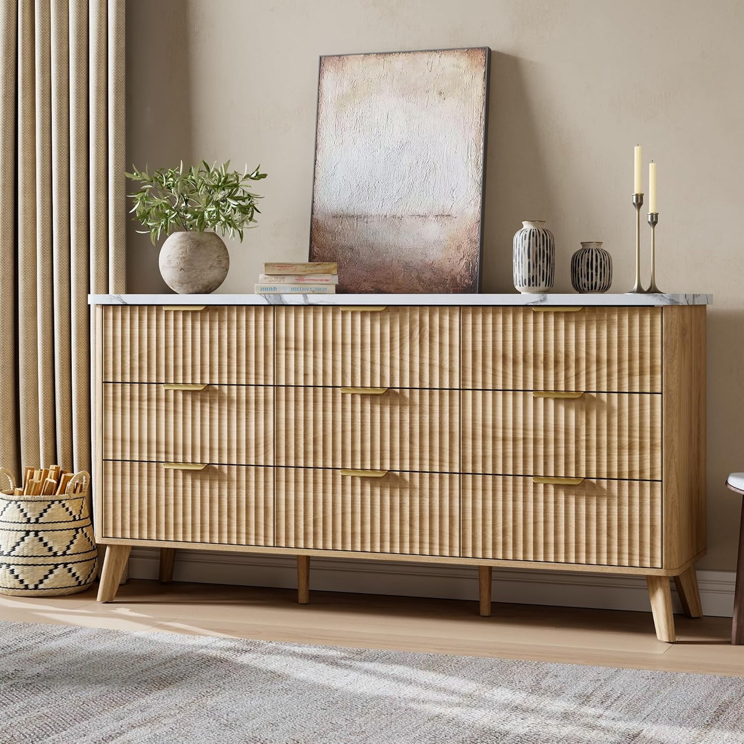 IDEALHOUSE Natural Oak Storage Lockers Dresser with White Marble Top ...