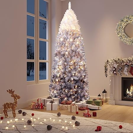 IDEALHOUSE Ombre Purple Flocked Slim Tree with Metal Stand, Space-Saving Modern Decor, 7.5ft