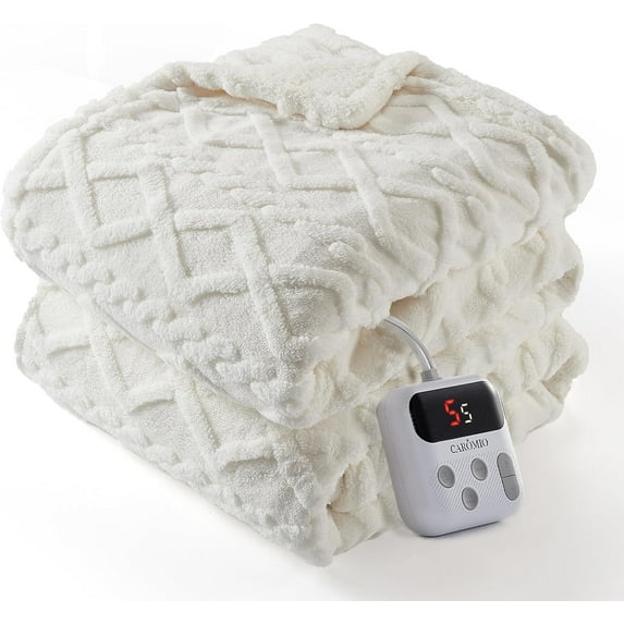 IDEALHOUSE Premium Heated Throw Blanket - White | 10 Heat Settings | 123°F Max | LCD Controller | Dual-Sherpa 