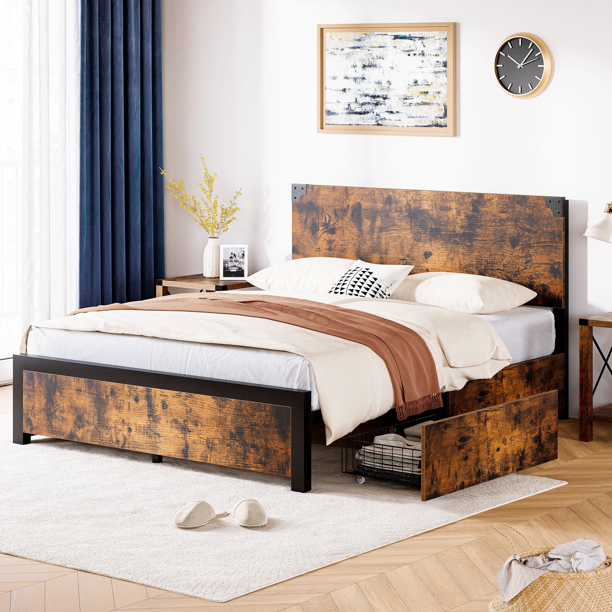IDEALHOUSE Queen Size Bed Frame with 4 Storage Drawers and Headboard Rustic Vintage Wood and Metal Bed Frame with Large Storage Space No Box Spring
