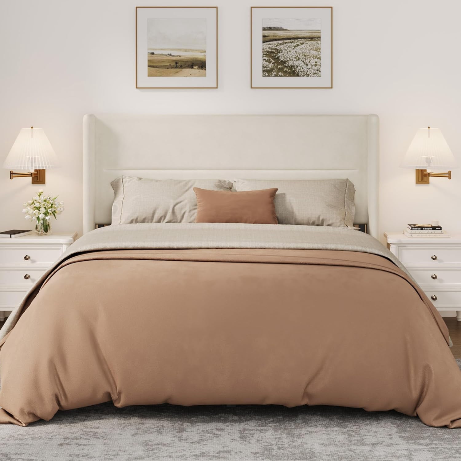 IDEALHOUSE Queen Size Bed Frame with Wingback Headboard, Velvet Upholstered Platform Bedframe with Wood Slats, No Box Spring Needed, Easy Assembly, Beige