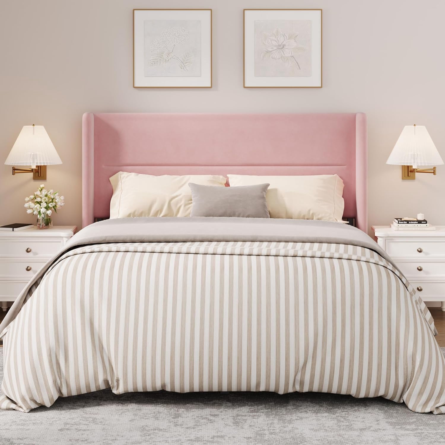 IDEALHOUSE Queen Size Bed Frame with Wingback Headboard, Velvet Upholstered Platform Bedframe with Wood Slats, No Box Spring Needed, Easy Assembly, Pink