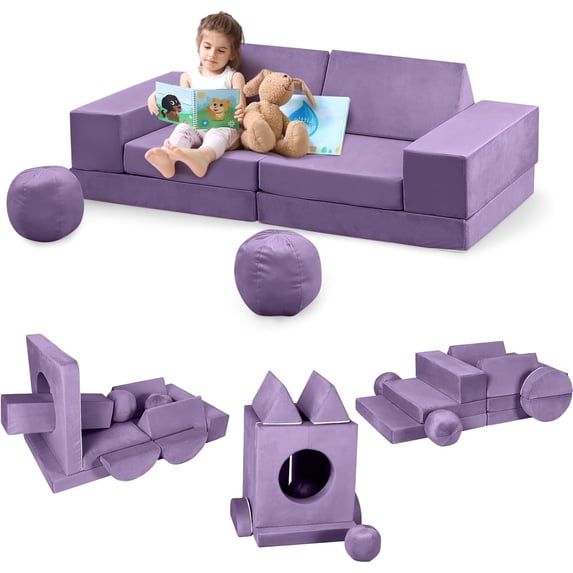 IDEALHOUSE Sofa Bed Purple 12PCS Modular Foam Couch, Convertible Sectional, Removable Machine Washable Cover, Building Lounge Fort for Living Room Bedroom Playroom