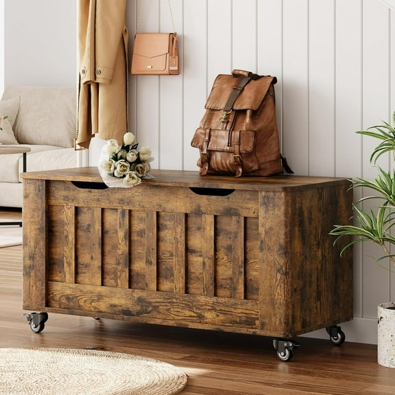 IDEALHOUSE Storage Chest, Wooden Storage Bench with 4 Wheels, 39.4" Storage Trunk with 2 Safety Hinges, Supports 350 Lbs, Round Corner, U-Shape Cutout, for Entryway, Living Room, Rustic Brown