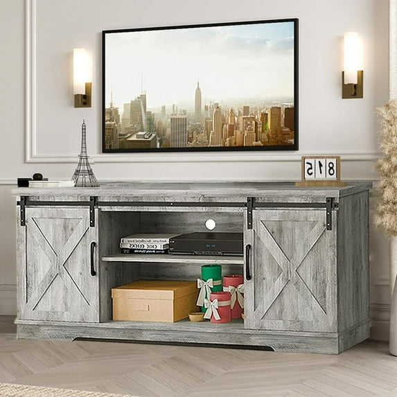 IDEALHOUSE TV Stand Farmhouse Entertainment Center for 65 Inch TV & Media Furniture, Rustic TV Stands with Storage and Barn Doors TV Console Table Under TV Cabinet for Living Room, Rustic Grey, Large