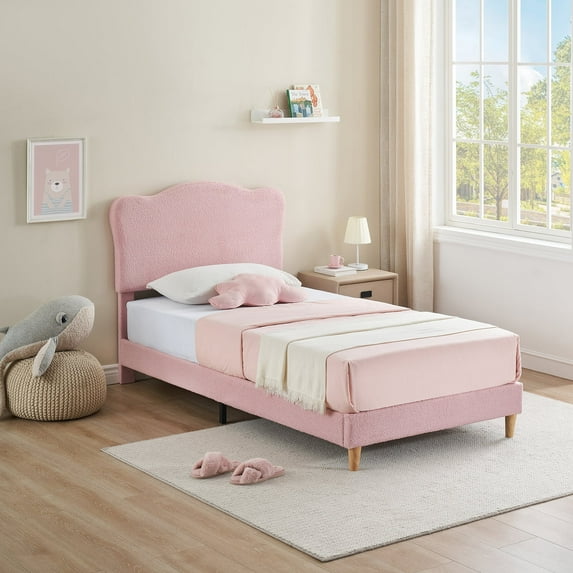 IDEALHOUSE Twin Bed Frame with Headboard, 650lbs Capacity, Pink Lambswool Upholstered Platform Bed Frame Twin for Kids Boys Girls Teens, No Box Spring Needed, Noise-Free, Easy Assembly