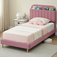 thumbnail image 1 of IDEALHOUSE Twin Bed Frames with Shelves for Books, Upholstered Platform Bed Frame Twin with Bookcase Headboard for Kids Boys Girls Teens, 650lbs Capacity, No Box Spring Needed, Noise Free, Pink, 1 of 8