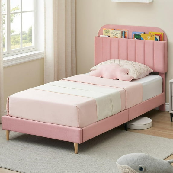 IDEALHOUSE Twin Bed Frames with Shelves for Books, Upholstered Platform Bed Frame Twin with Bookcase Headboard for Kids Boys Girls Teens, 650lbs Capacity, No Box Spring Needed, Noise Free, Light Pink