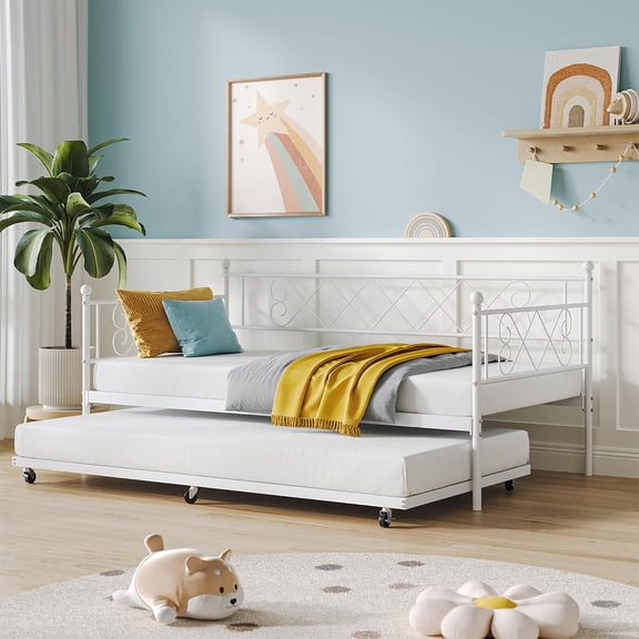 IDEALHOUSE Twin Daybed with Pull-Out Trundle, Stylish Headboard and Metal Slats, No Box Spring Required, Easy Assembly, Suitable for Guest Rooms and Small Spaces, White