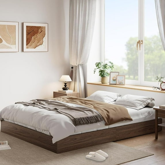 IDEALHOUSE Walnut Bed Frames, Twin Size, Minimalist Floor-Standing Platform, Modern Wood Look, No Headboard, Clean Lines, Easy Assembly
