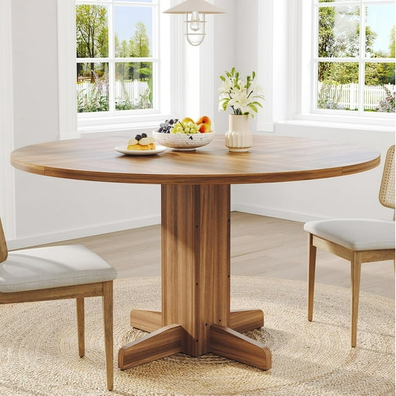 IDEALHOUSE Walnut Dining Table, 47" Round Table, Modern Farmhouse Pedestal, Wooden Cross Base, Elegant, Stable, Conversation-Friendly, Easy Assembly, For Dining Room, Kitchen, Living Room