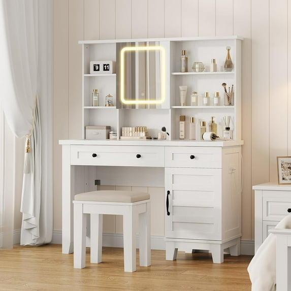 IDEALHOUSE White, 2 Drawers, Dressers Vanity Table, Glass Top, Shelf Storage, Cabinet, Cushioned Stool