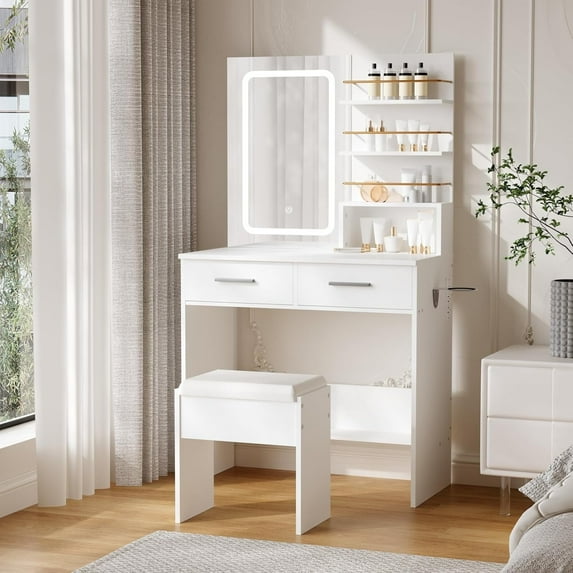 IDEALHOUSE White, 2 Drawers, Dressers Vanity Table, Mirror, Cabinet, Open Shelves, Charging Station, Stool