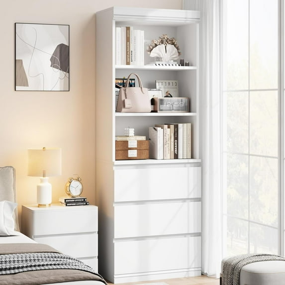 IDEALHOUSE, White, 3 Shelf Bookcase, Storage Cabinet, 3 Drawers, Open Baffle Shelves, Modern Organizer, Particle Board Construction, Books, Files, Living Room