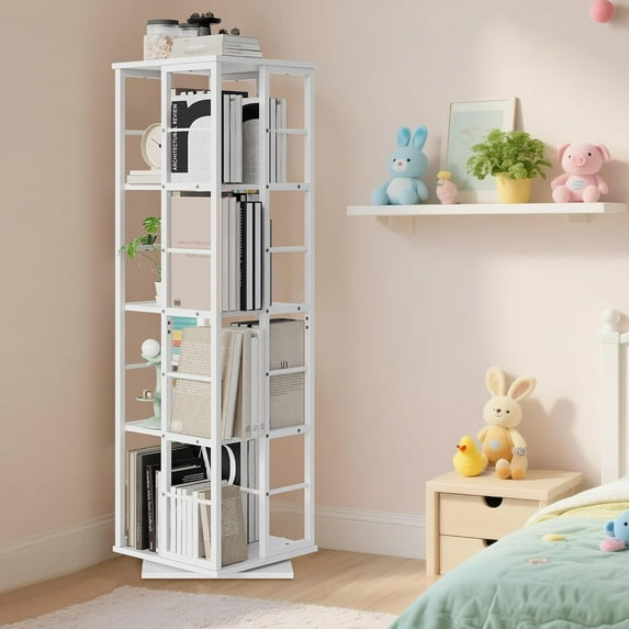 IDEALHOUSE, White, 4 Shelf Bookcase, 360° Rotating Bookshelf Organizer, Square 16 Cube Storage Rack, Industrial Display, Metal Frame, Space Saving, Modern Plant Stand, Home Office