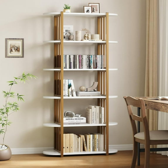 IDEALHOUSE, White + Gold, 6 Shelf Bookcase, Modern Storage Rack, Tall Industrial Bookshelf, Open Display, Sturdy Metal Frame, Anti-Tip, Versatile Organizer, Living Room, Bedroom