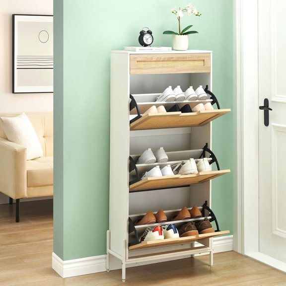 IDEALHOUSE White Shoe Storage Cabinet, 3 Drawer Organizer with Adjustable Shelves, Narrow Entryway Tall Cabinet
