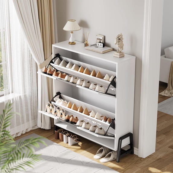 IDEALHOUSE White Shoe Storage Cabinet, Modern Flip Drawer Entryway Organizer, 2-Tier Adjustable Layer, Slim Metal Legs, Minimalist Space-Saving