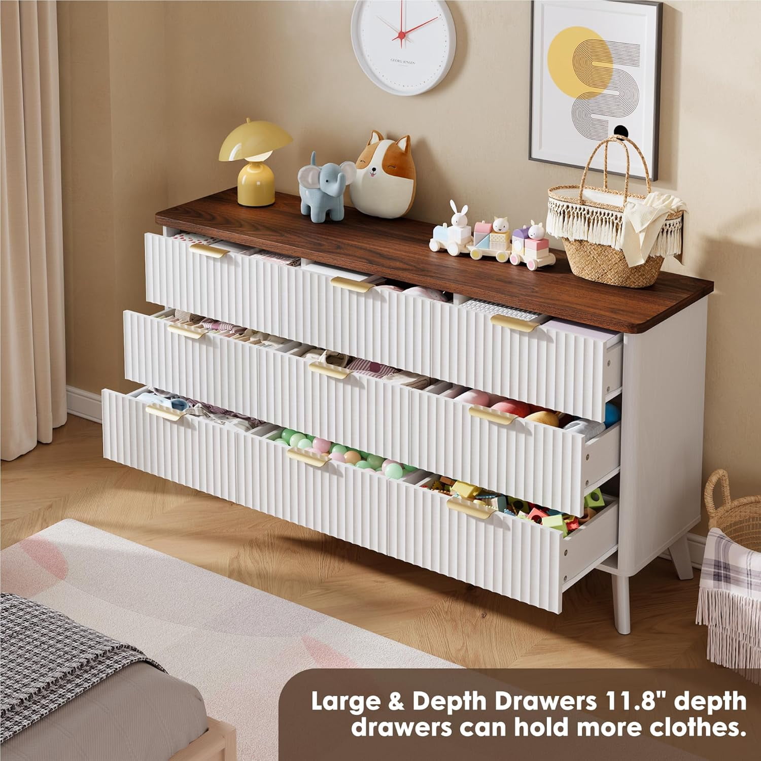 IDEALHOUSE White Storage Lockers Dresser with Dark Walnut Top, Modern 9 ...