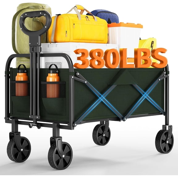 IDEALHOUSE XL Folding Wagon Cart, Heavy Duty Collapsible Utility Wagon 28.7x18.3x35.2in, 220L, 172KG Capacity, 360° Swivel Wheels, Green