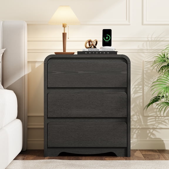 IDEALSOUL 25" Tall Nightstand with Charging Station, Modern Wide Curved Wood Bedside Table,3 Drawers Storage, End Table for Bedroom, Office, Sofa, Black