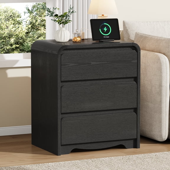 IDEALSOUL 25" Tall Nightstand with Charging Station, Modern Wide Curved Wood Bedside Table,3 Drawers Storage, End Table for Bedroom, Office, Sofa, Black