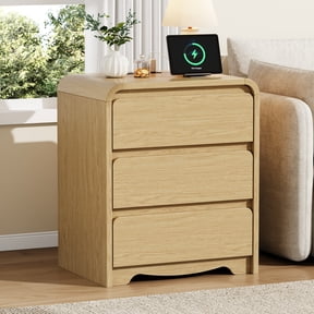 IDEALSOUL 25" Tall Nightstand with Charging Station, Modern Wide Curved Wood Bedside Table,3 Drawers Storage, End Table for Bedroom, Office, Sofa, Natural
