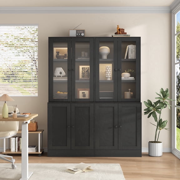 IDEALSOUL 2PCS 71" Tall Bookcase with Doors and LED Lights, Black Wooden Bookcase with Charging Station, Freestanding Display Cabinet with Large Storage Space for Living Room, Office, Bedroom