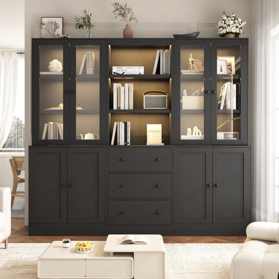 IDEALSOUL 3PCS 71" Tall Bookcase with Doors, Black Combination Bookcase with Charging Station and LED Light, Freestanding Display Cabinet with Large Storage Space for Living Room, Office, Bedroom