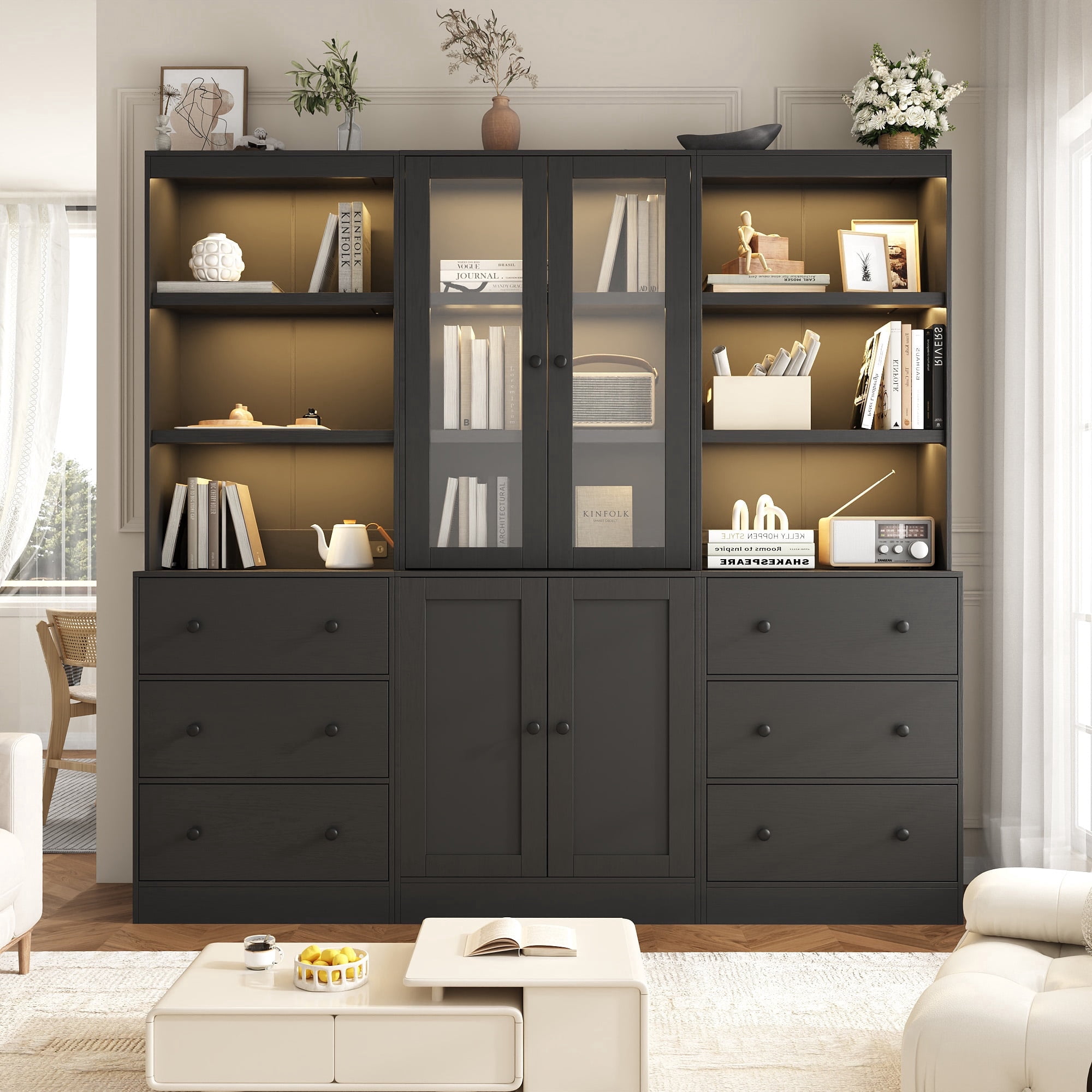 IDEALSOUL 3PCS 71" Tall Bookcase with Drawers, Black Combination Bookcase with Charging Station and LED Light, Freestanding Display Cabinet with Large Storage Space for Living Room, Office, Bedroom